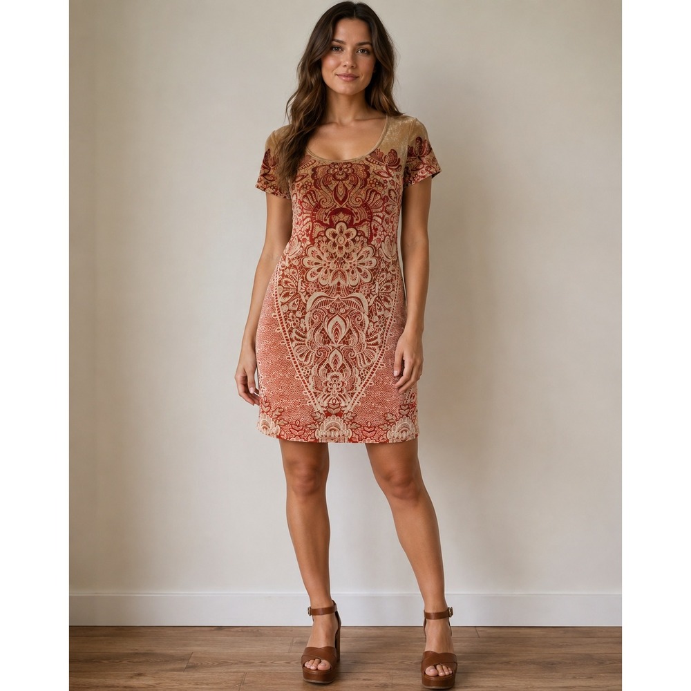 Lucky Brand Holly Hock Tunic Dress S Gold Red Velvet Boho Damask Mandala Art
